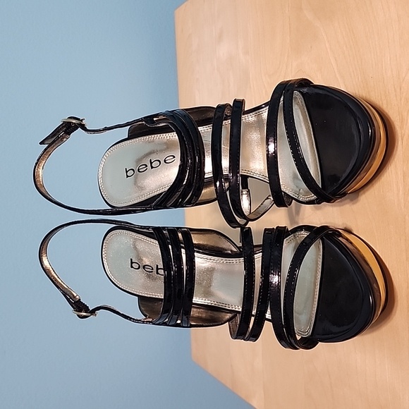 BEBE Baili black leather high heels sandals, Size 7.5M - Picture 2 of 8